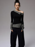 Asymmetric Collar Fake Two-Piece Fitted Blouse