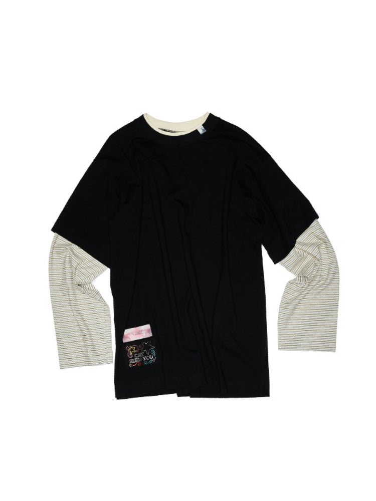 Fake Two-Piece Contrast Color Loose Striped?T-Shirt