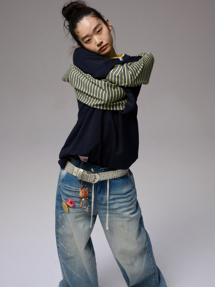 Fake Two-Piece Contrast Color Loose Striped?T-Shirt