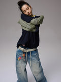 Fake Two-Piece Contrast Color Loose Striped?T-Shirt