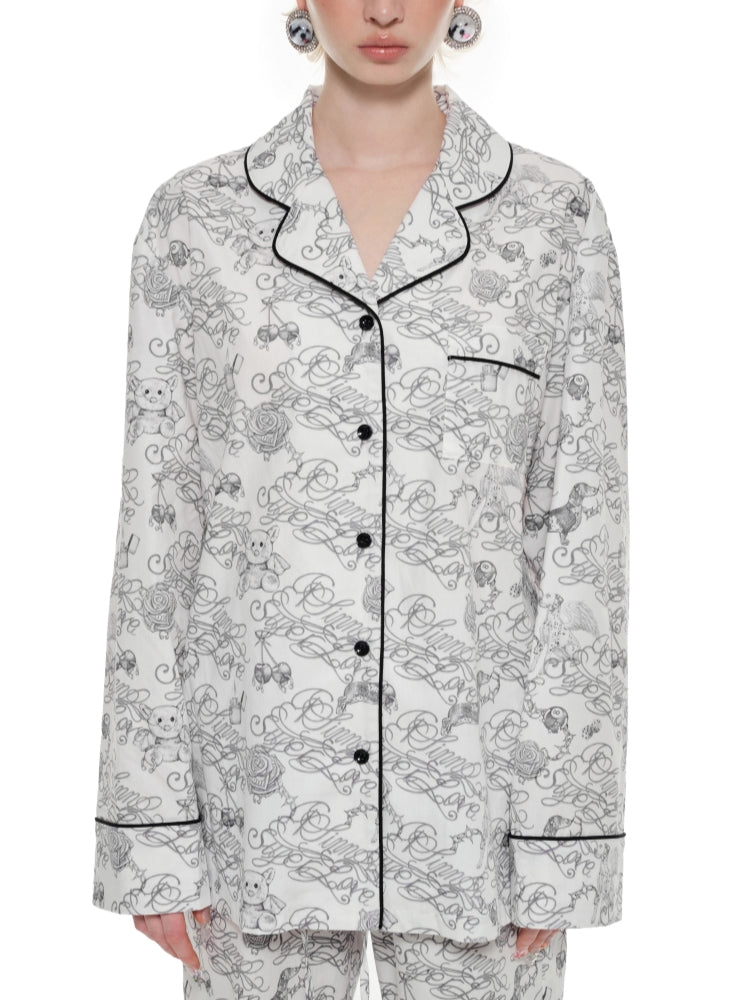 Black Letter Tattoo Print Cotton Pajamas Set