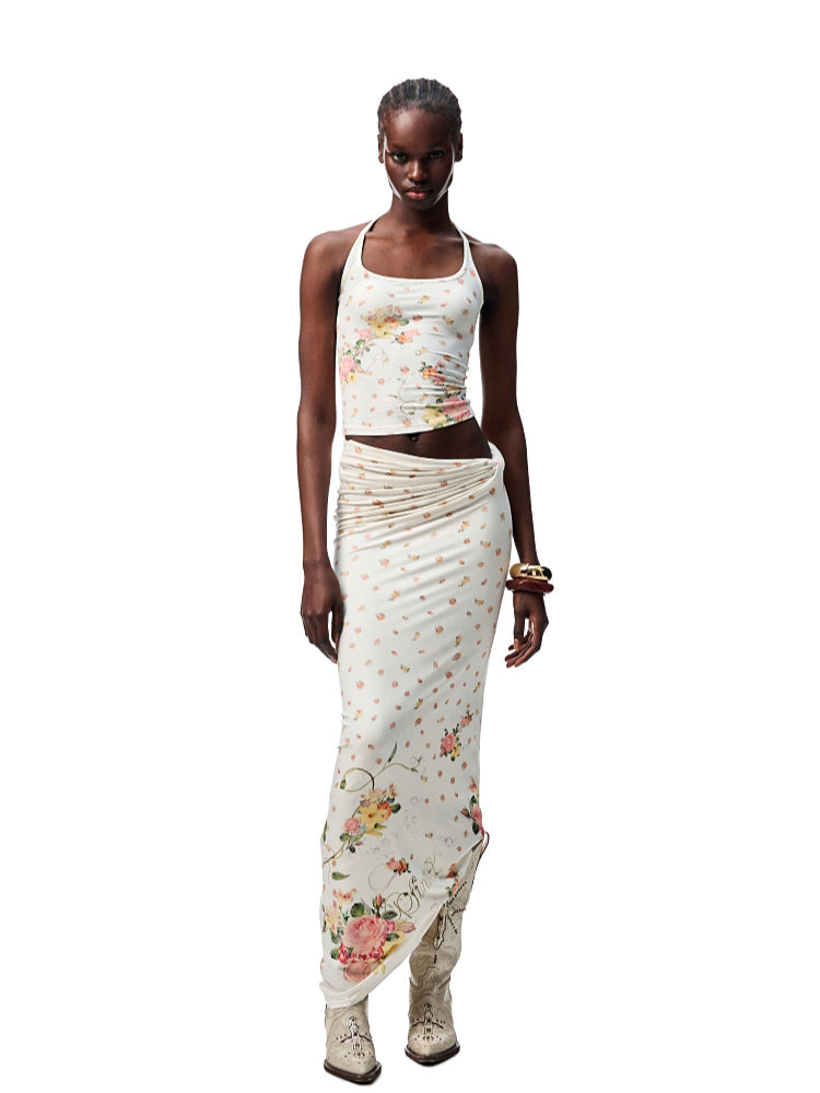 Floral All-Over Printed Big Round Neck Knotted Tank Top