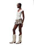 V-Mouth Pointed-Toe Leather Embroidered Denim Boots