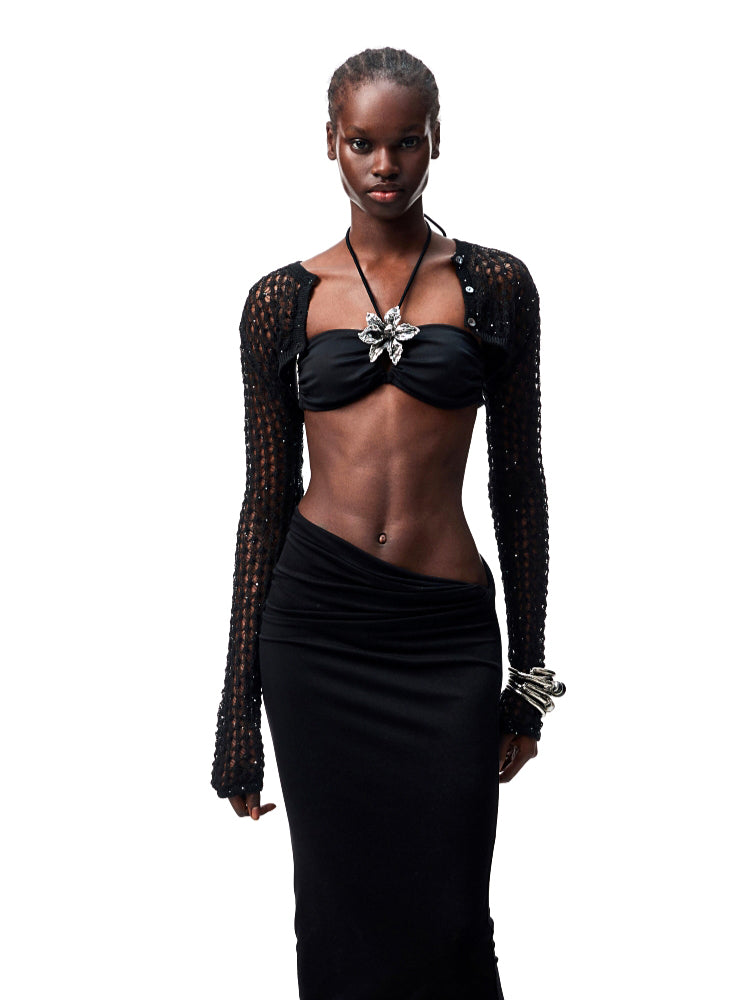 Hollow-Out Knitted Cropped Long-Sleeve Cover-Up