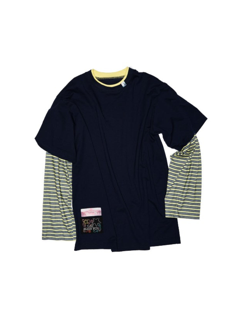 Fake Two-Piece Contrast Color Loose Striped?T-Shirt