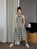 Plaid Halter Neck Backless Tank Top & Midi Skirt Set