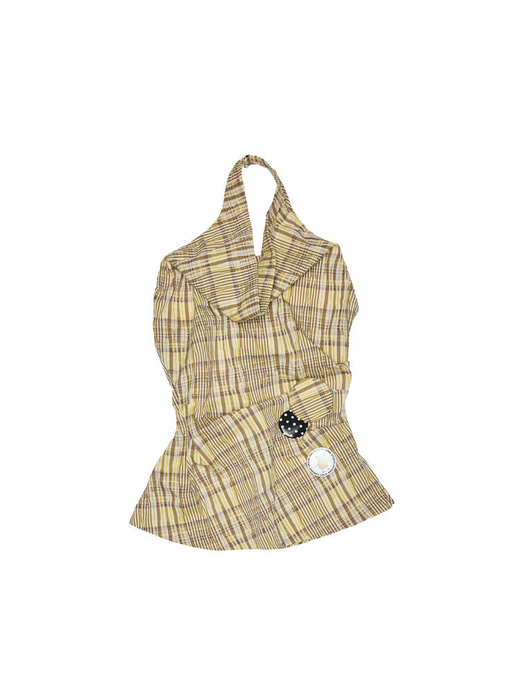 Plaid Halter Neck Backless Tank Top & Midi Skirt Set