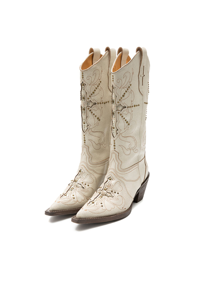 V-Mouth Pointed-Toe Leather Embroidered Denim Boots