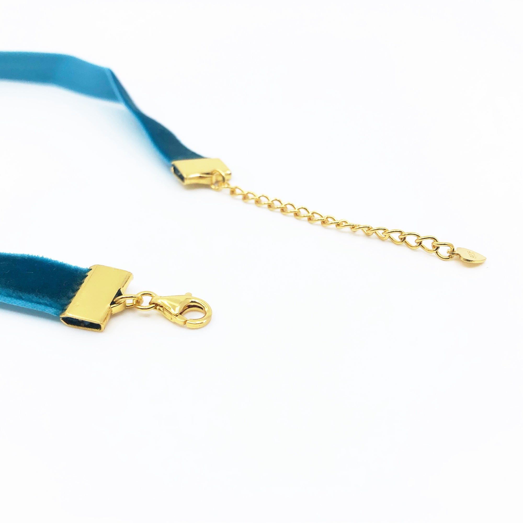 Turquoise Blue Velvet Choker Necklace with Gold Adjustable Chain