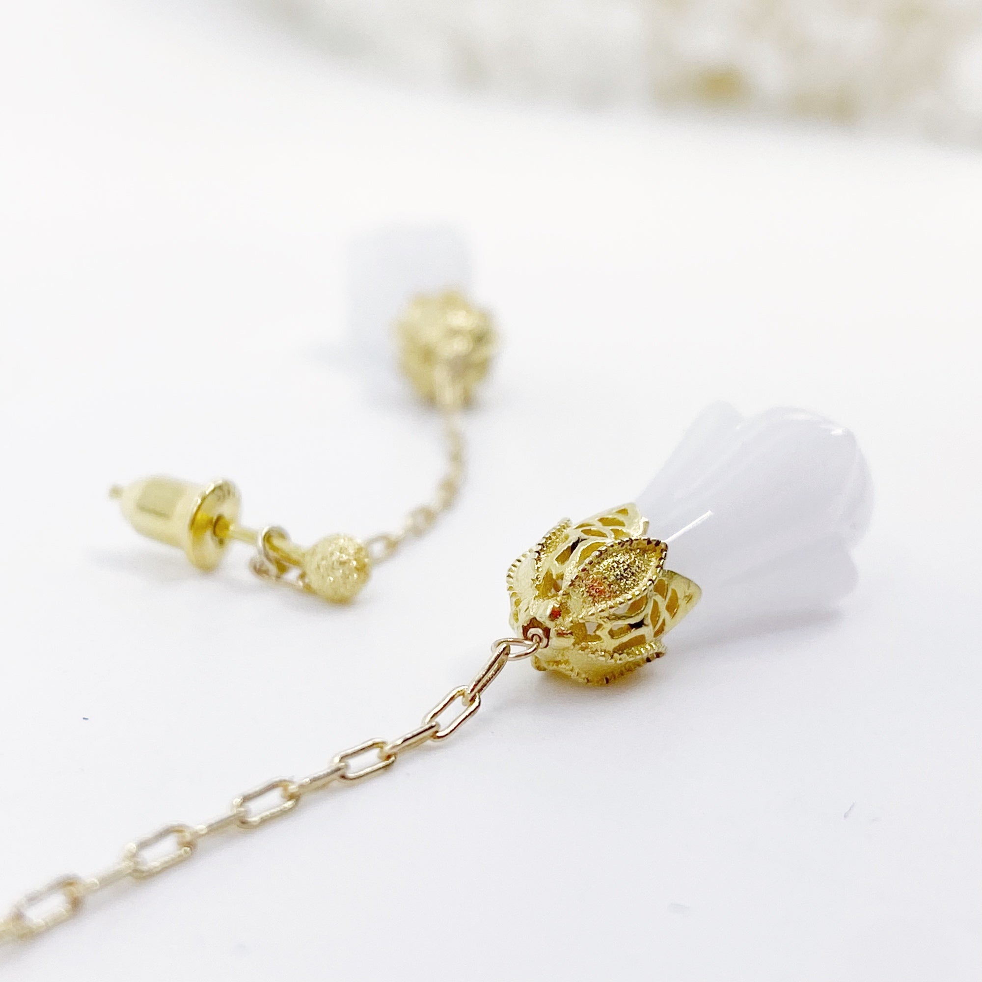 White Jade Flower Stud Earrings Gold