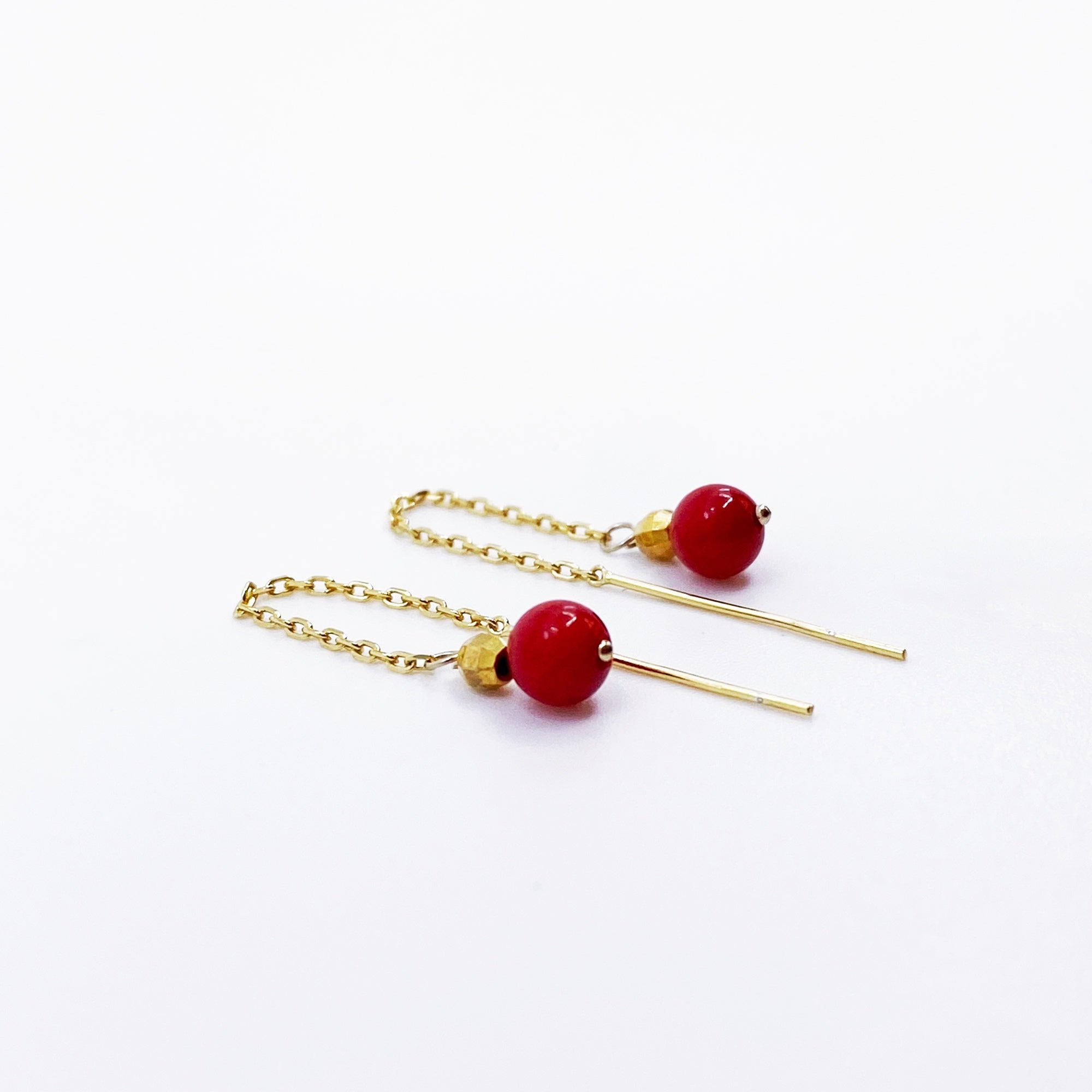 Gold Red Coral Thread Earrings