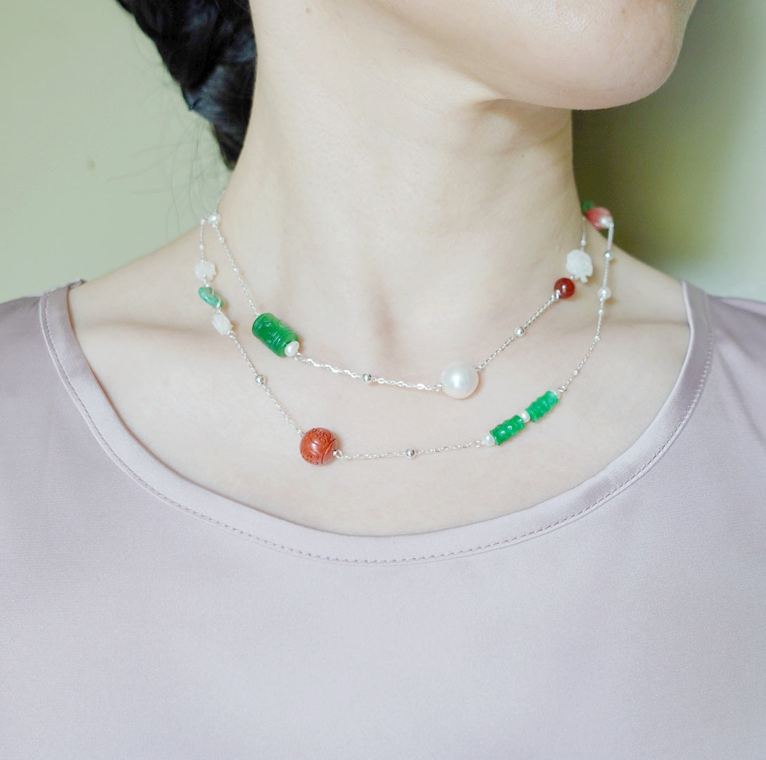 The Nine Jade and Flower Necklace and Earring Set