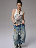 Irregular Hole-Ripped Double-Layer Halter Neck Tank Top