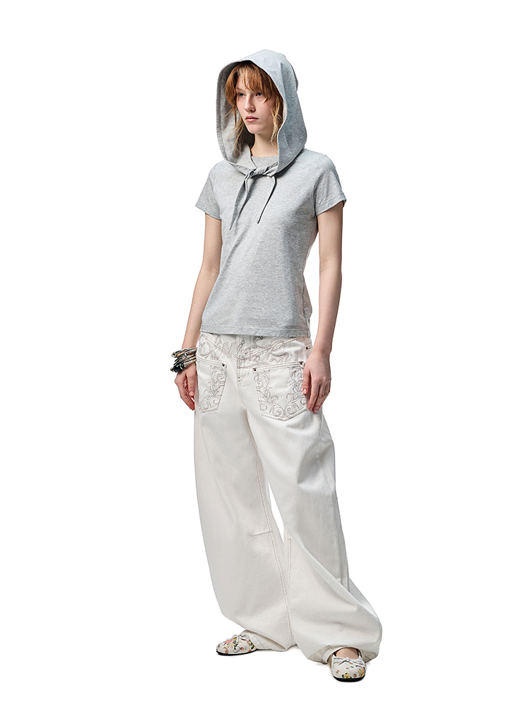 Hooded Bow Solid-Color T-shirt