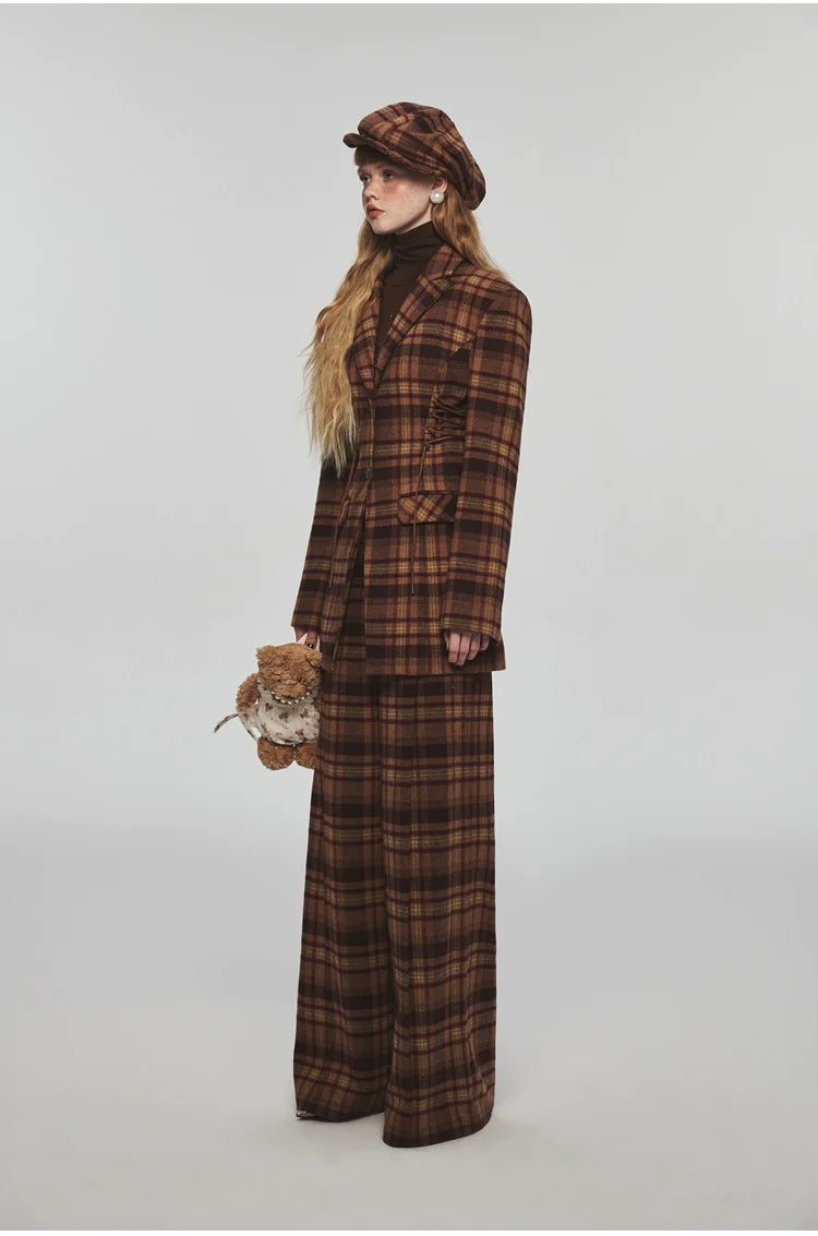 Plaid Slim-fit Waist-tie Blazer
