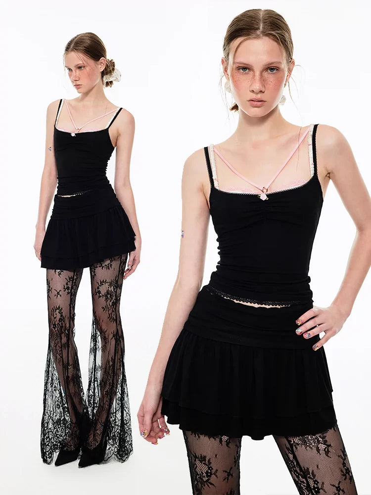 Pleated Lace Waist-cinched Tank Top