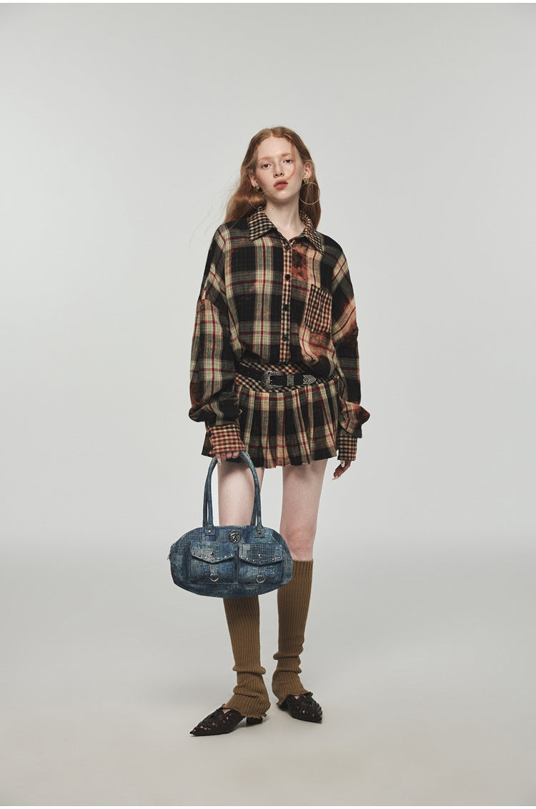 Tie-dye Plaid Shirt & Mini Skirt Set