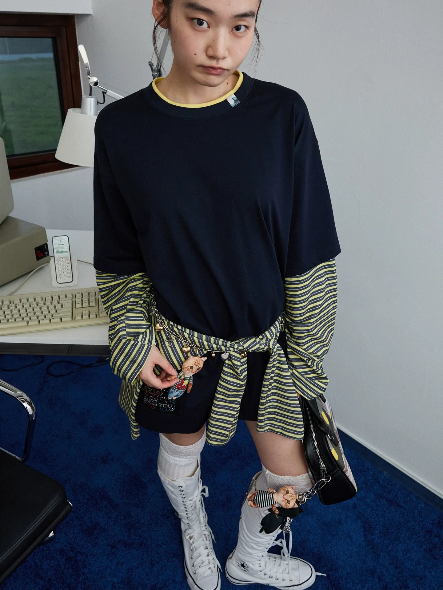 Fake Two-Piece Contrast Color Loose Striped?T-Shirt