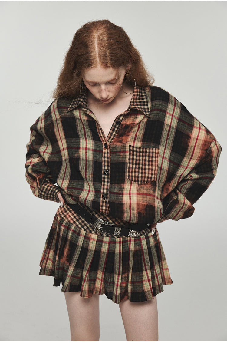 Tie-dye Plaid Shirt & Mini Skirt Set