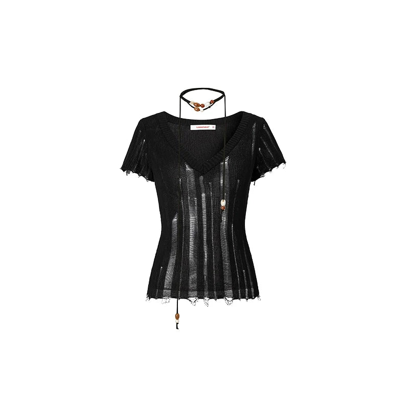 Distressed V-Neck Irregular Cover-Up Blouse