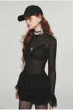 Ruffled Turtleneck Laced Sheer Blouse