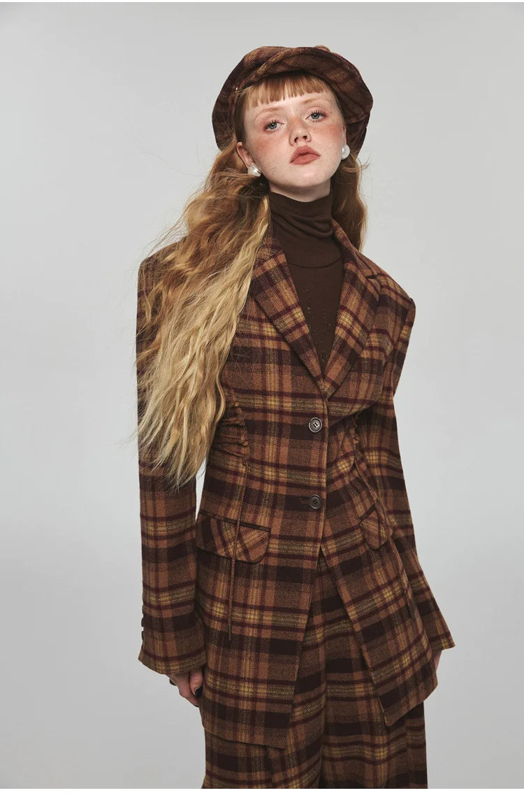 Plaid Slim-fit Waist-tie Blazer