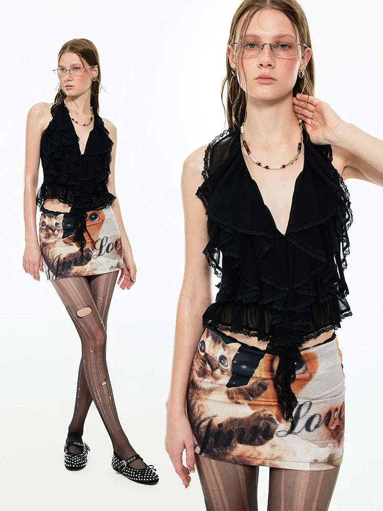 Black & White Ruffled Lace Edges Halter Blouse