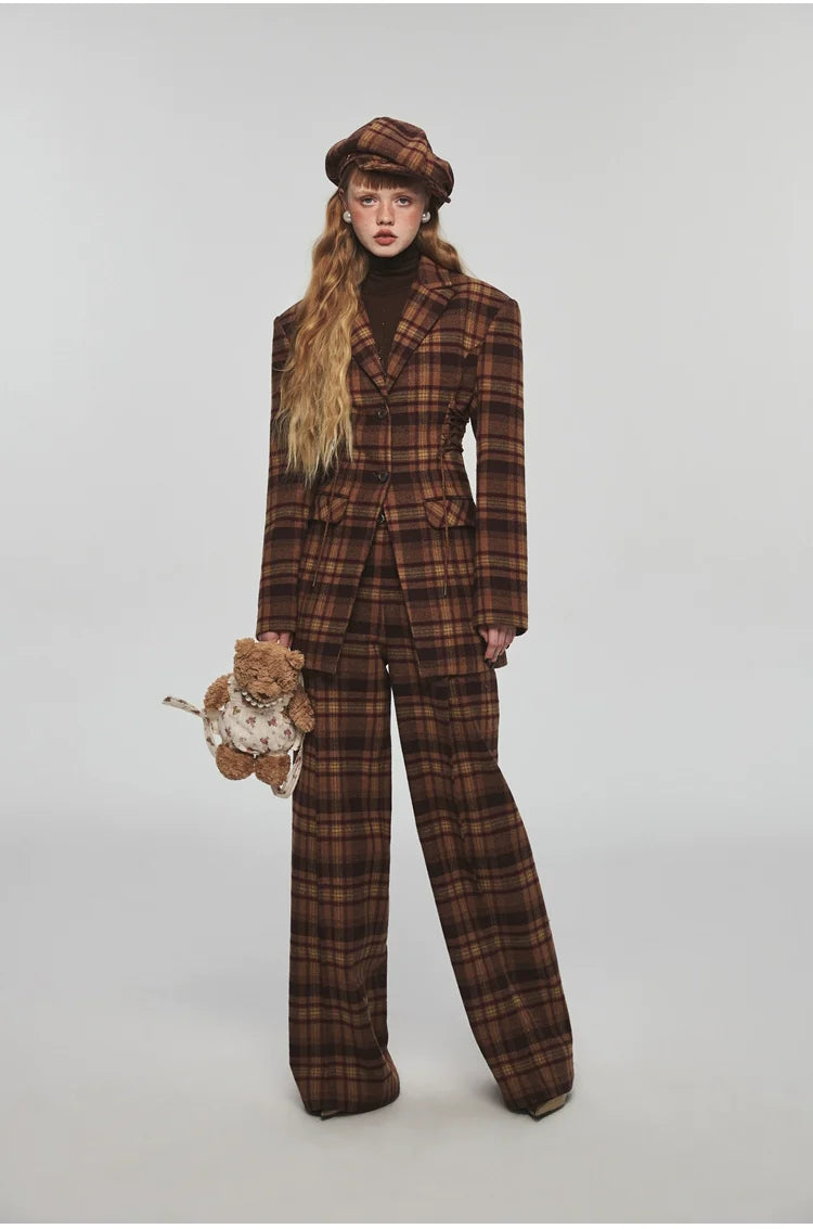 Plaid Slim-fit Waist-tie Blazer