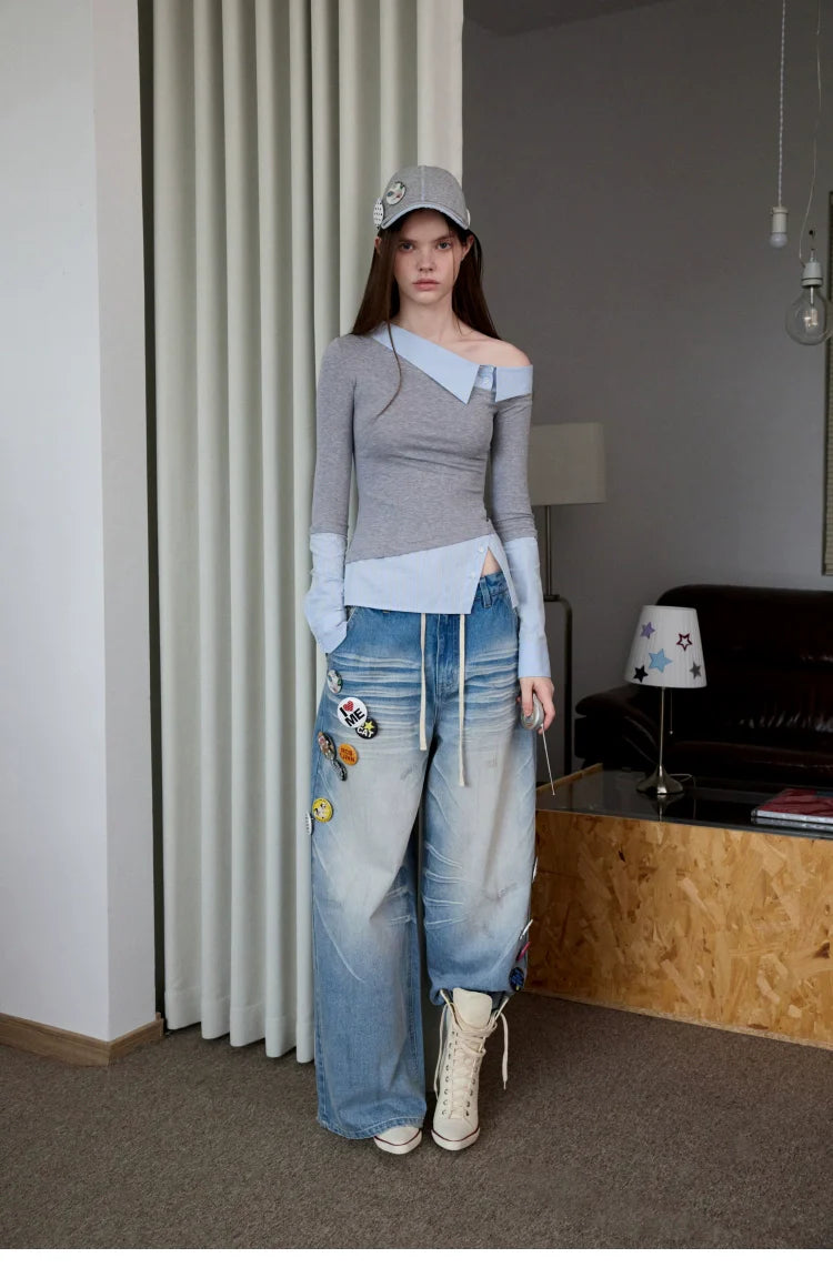 Asymmetric Collar Fake Two-Piece Fitted Blouse