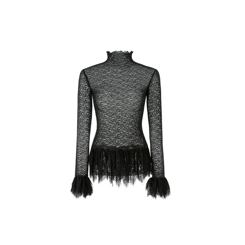 Ruffled Turtleneck Laced Sheer Blouse