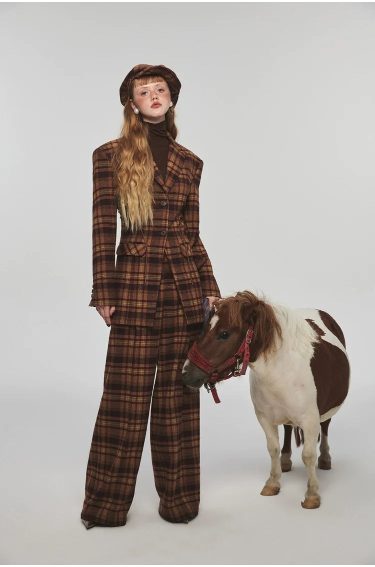 Plaid Slim-fit Waist-tie Blazer