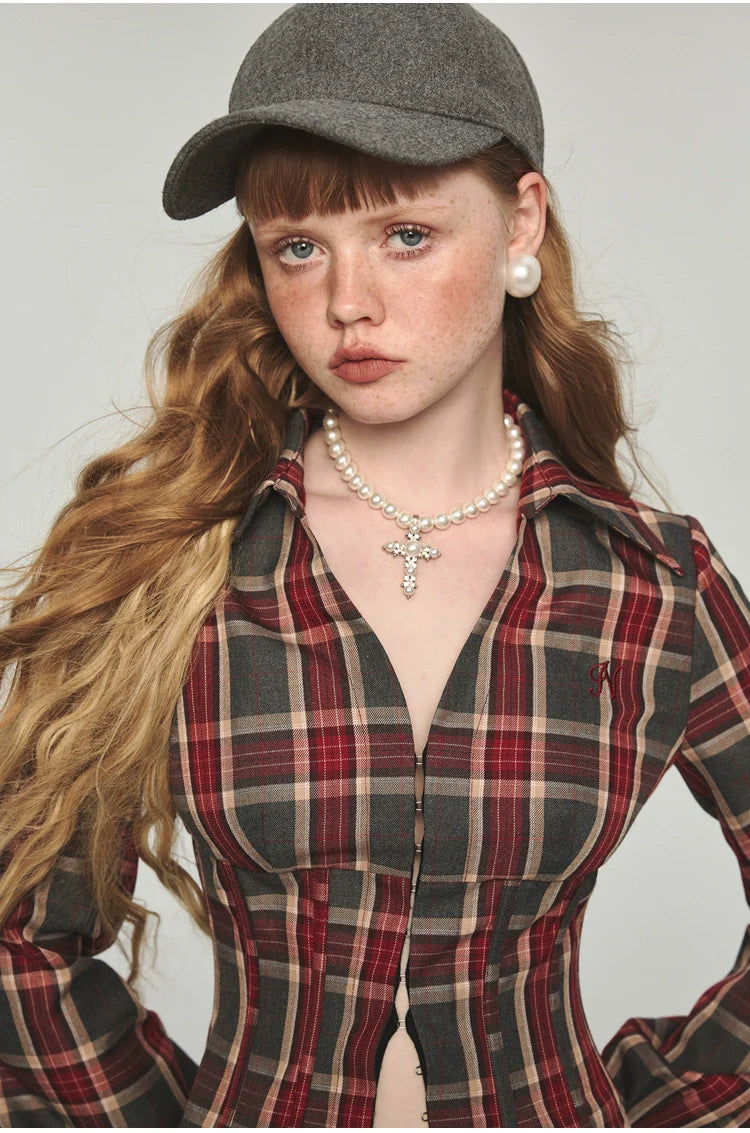 Plaid V-neck Fishbone Shirt