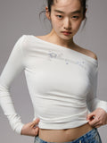 Rhinestone One-Shoulder Long-Sleeve T-Shirt