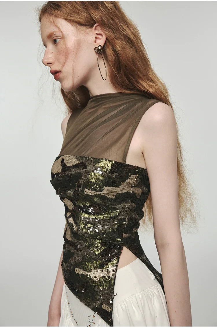 Camouflage Sequin Mesh Tank Top