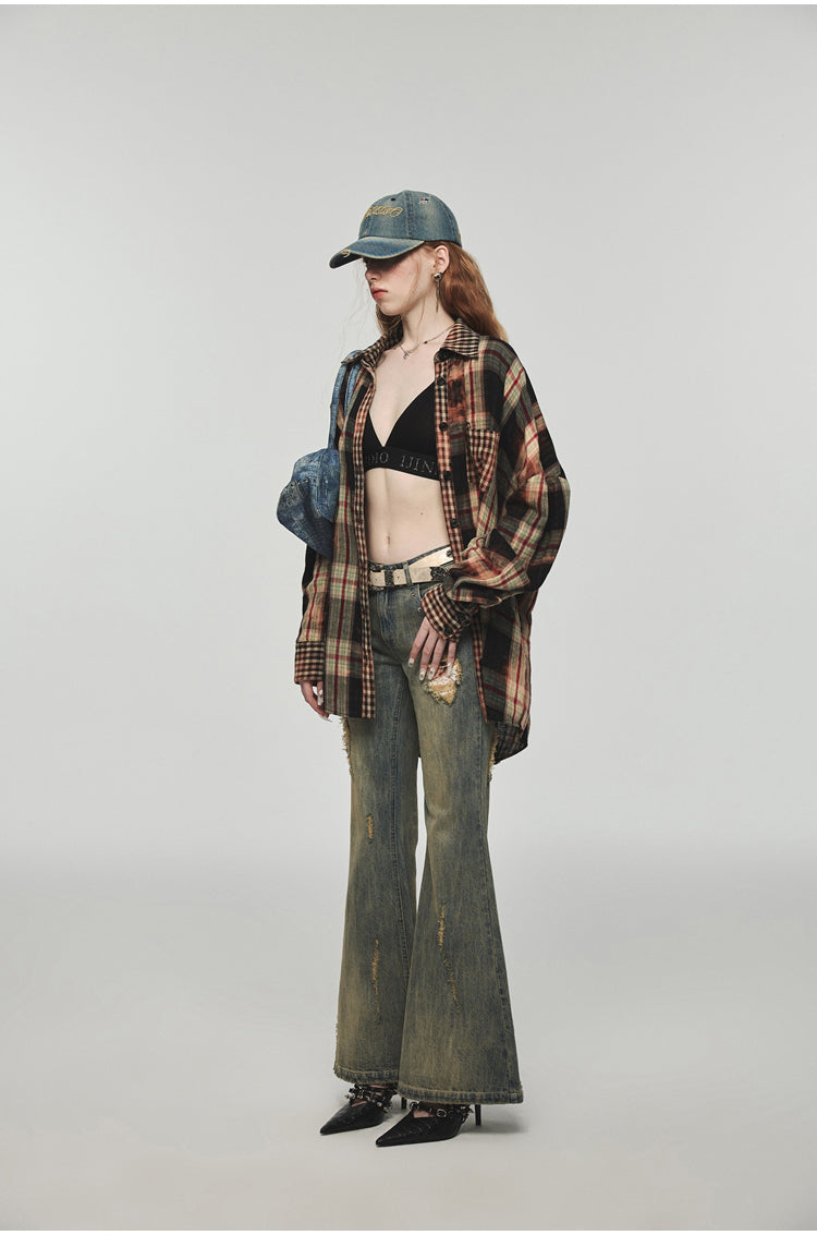Tie-dye Plaid Shirt & Mini Skirt Set