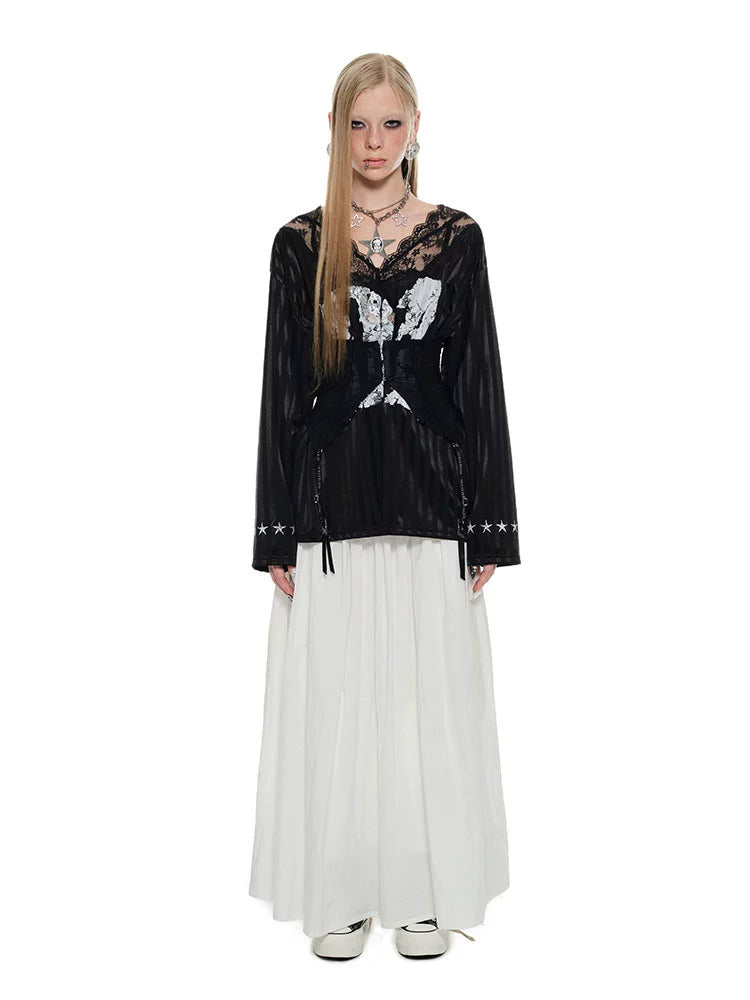 Black & White Lace-trimmed V-neck Satin Jersey