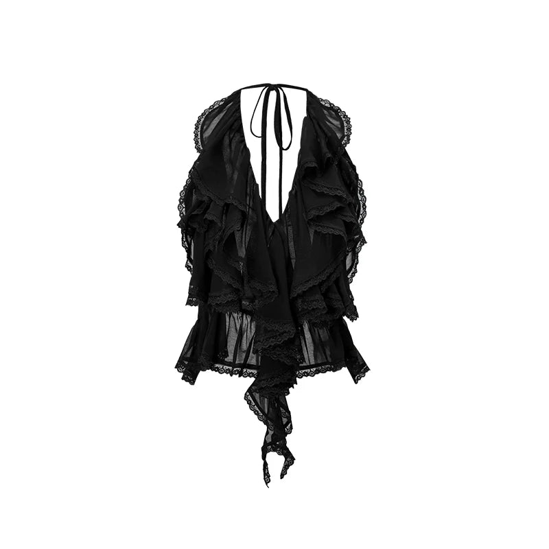 Black & White Ruffled Lace Edges Halter Blouse