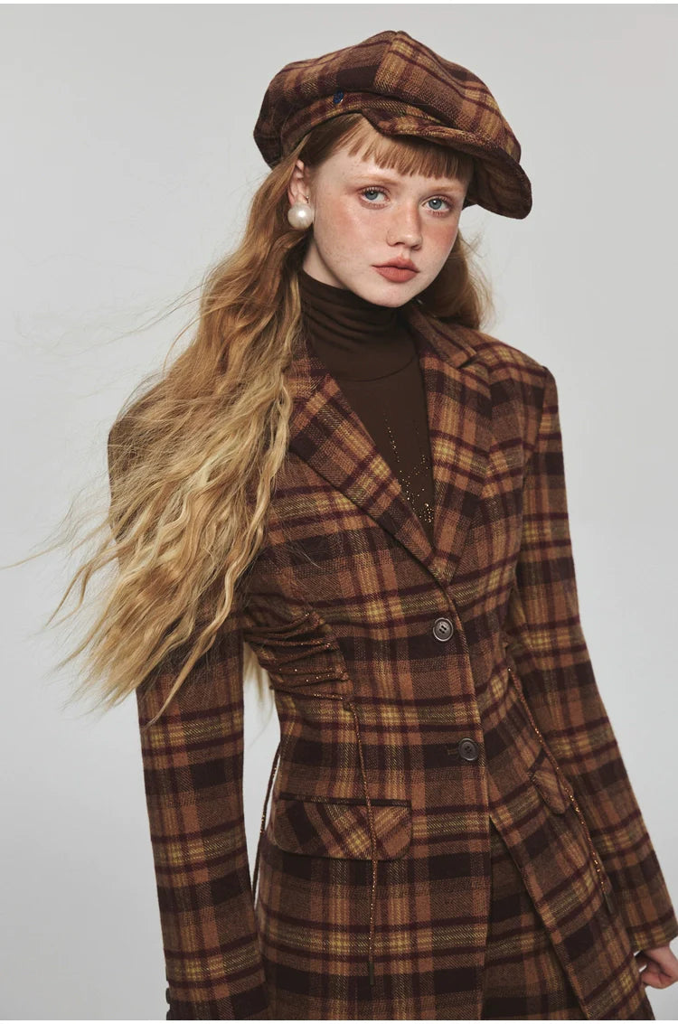 Plaid Slim-fit Waist-tie Blazer