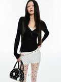 Solid Color Lace-Trimmed V-Neck Blouse