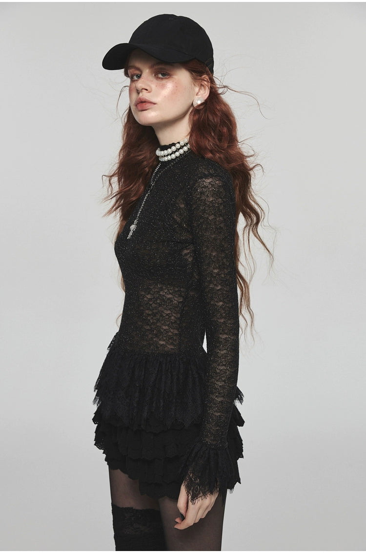 Ruffled Turtleneck Laced Sheer Blouse