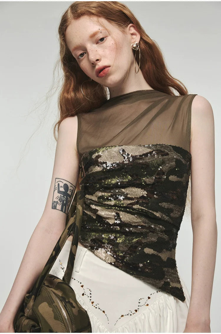 Camouflage Sequin Mesh Tank Top