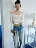 One-Shoulder Beaded Strappy Solid Color?T-Shirt