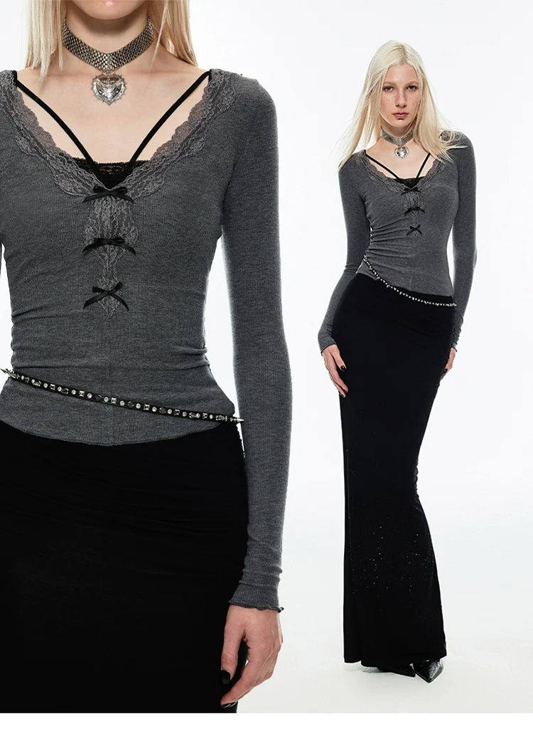 Solid Color Lace-Trimmed V-Neck Blouse