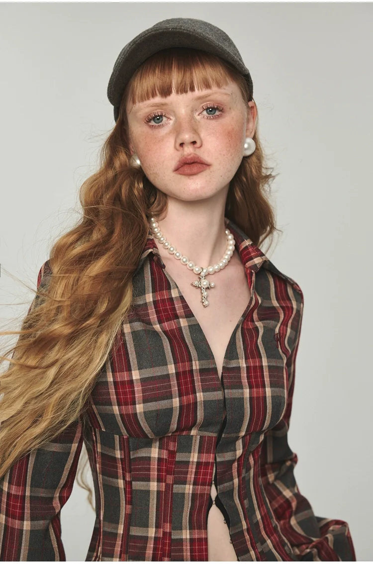 Plaid V-neck Fishbone Shirt