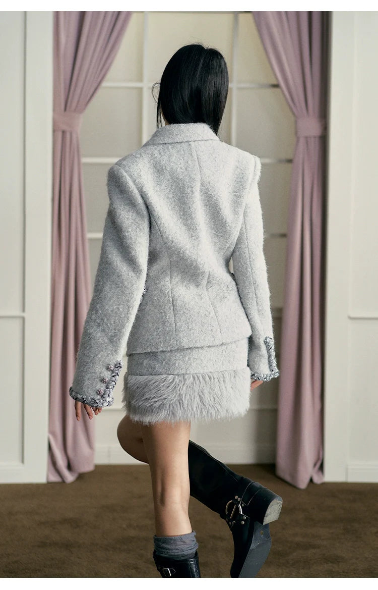 Woolen Padded Shoulder Blazer & Skirt Set