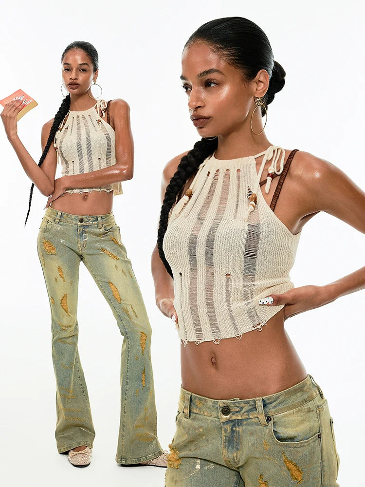 Black & Camel Hollowed-out Knit Strap Tank Top