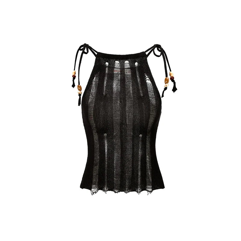 Black & Camel Hollowed-out Knit Strap Tank Top