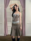 Brown Shawl Collar Jacket & Skirt Set
