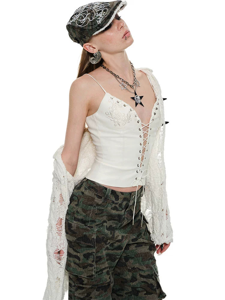 Black & White Hollow-out Lace-up Camisole
