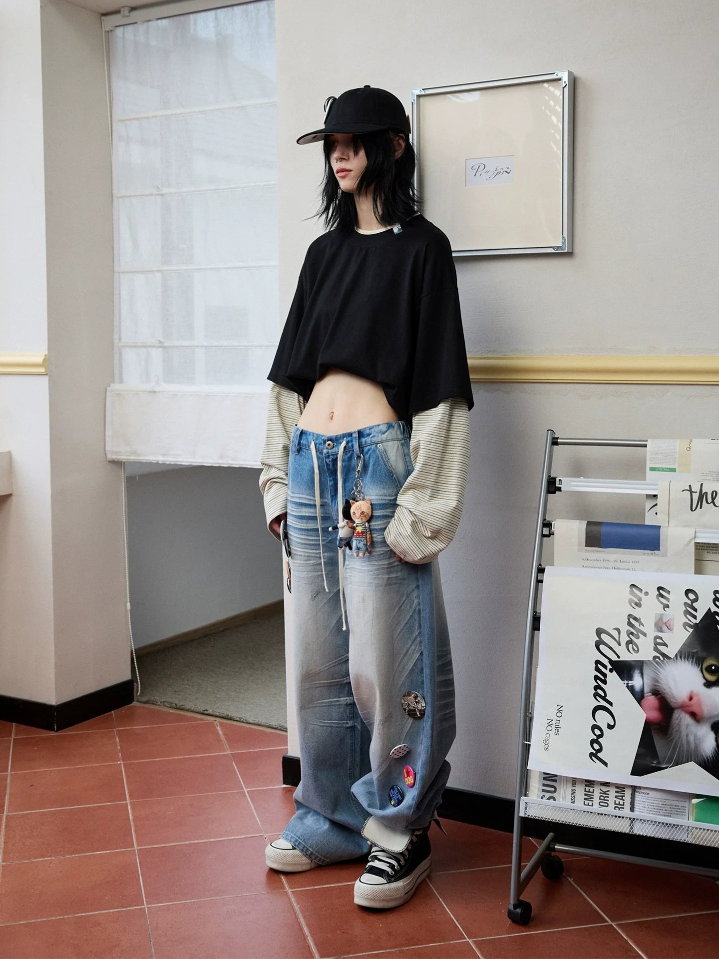 Fake Two-Piece Contrast Color Loose Striped?T-Shirt